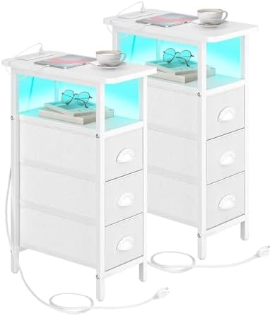 shtmec Narrow End Table Set of 2 with Charging Station, LED Side Tables Set 2 with Fabric Drawers, Small Bedside Tables Nightstands for Small Space, Slim Sofa Couch Table for Livingroom, White by Unknown