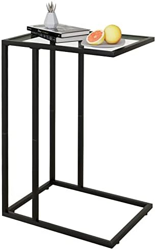 C Table Glass End Table, Couch Side Table, Tempered Glass Snack Side Table with Metal Frame, TV Tray Table for Small Space, Sofa Couch Side Tableand Bed Side Table(Black) by Easy+Paws