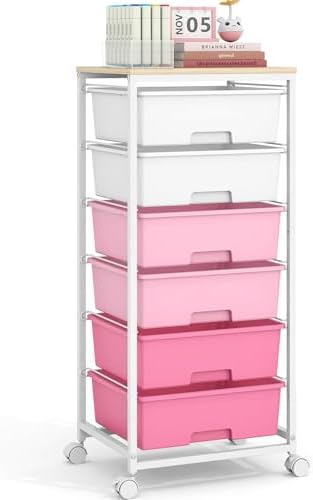 6 Drawer Rolling Storage Cart with Wooden Top and Wheels for Crafts, Pink by APEXCHASER