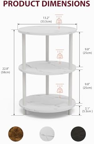 XBurmo Small Round End Table - 3 Tier Design Accent Table, Narrow Side or Bedside Stand, Industrial Vintage Nightstand for Bedroom, Living Room, or Small Spaces, Set of 2, Marble White - Image 3