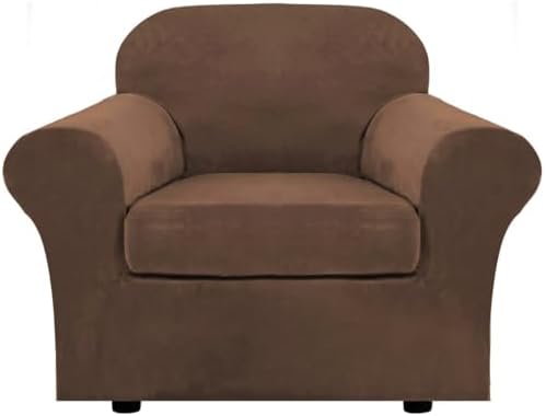 H.VERSAILTEX Rich Velvet Stretch 2 Piece Cover Chair Slipcover Sofa Cover Furniture Protector Couch Soft with Elastic Bottom Chair Couch Cover with Arms Width Up to 49 Inch(Chair, Caramel Cafe) by HVERSAILTEX