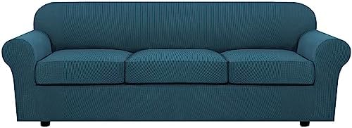 H.VERSAILTEX 4 Piece Stretch Sofa Covers for 3 Cushion Couch Covers for Living Room Furniture Slipcovers (Base Cover Plus 3 Seat Cushion Covers) Upgraded Thicker Jacquard Fabric (XL Sofa, Deep Teal) by HVERSAILTEX