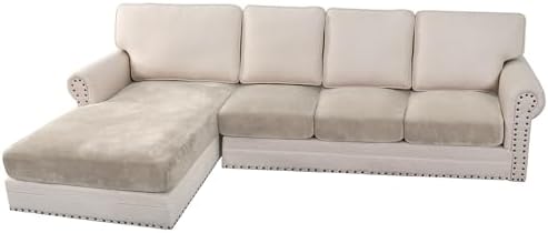 H.VERSAILTEX Velvet Stretch Sectional Couch Covers 4 Pieces Sofa Seat Cushion Covers L Shape Separate Couch Cover for Both Left/Right Sectional Couch (Large Sofa 3 Seater + 1 Chaise, French Oak) by HVERSAILTEX
