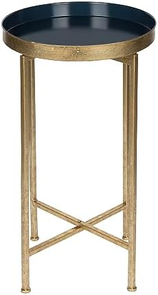 Kate and Laurel Celia Round Metal Foldable Tray Accent Table, Navy Blue with Gold Base - Image 3