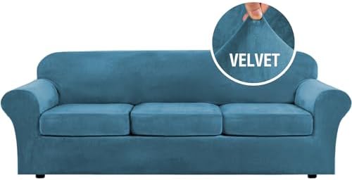 H.VERSAILTEX Velvet 4 Piece High Stretch Sofa Slipcover Cover Furniture Protector Form Fit Thick Velvet Extra Large Sofa Cover for 3 Cushion Couch Width Up to 105 Inch (XL Sofa, Peacock Blue) by HVERSAILTEX
