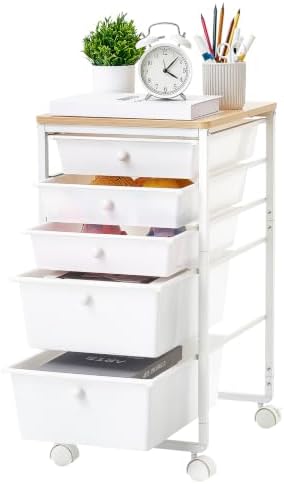 VEVOR Rolling Cart with Drawers, 5 Drawer Storage Organizer, Mobile Utility Cart with Wood Top, Steel Frame, Universal Casters & 2 Brakes, for Office, Classroom, Craft Supplies, Bedroom, Makeup, White by VEVOR