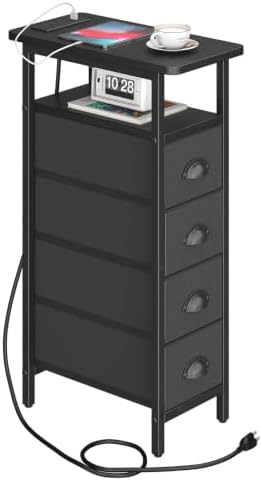sthmec Side Table with Charging Station, Narrow End Table with 4 Drawers, Small Nightstands with Fabric Drawers,Slim Sofa Couch Side Tables for Small Spaces,Living Room,Bedroom, Black by Unknown