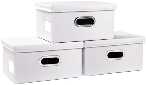 PRANDOM Collapsible Storage Box with Lid [3-Pack] Leather Fabric Foldable Storage Bin Organizer Container Basket Cube with Cover for Home Bedroom Closet Office Nursery White(13.6x9.6x6.9) by Prandom