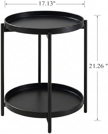 TeoKJ 2 Tier Round Side Table, Folding Round Metal End Table Small Nightstand with Two Removable Tray for Bedroom Living Room Bedside Small Spaces Black - Image 3