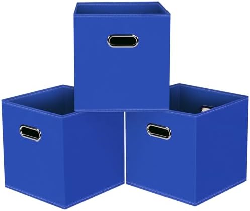 Black Foldable Storage Cubes Bins, Fabric Storage Box Cubes Organizer Baskets with Dual Handles for Home Organizer,Set of 3,(Dark Blue) by HEAYEEG
