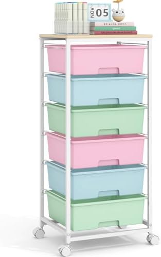 6 Drawer Rolling Storage Cart with Wooden Top and Wheels for Craft Rainbow by APEXCHASER