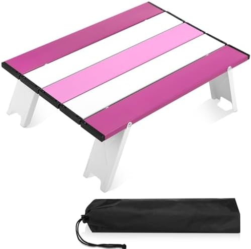 CroBlissful Beach Table Folding Camping Portable Table Striped White Aluminum Side with Carry Bag for Summer Camping Picnics and Outdoor Activities(16x11x5 in,Pink) by CroBlissful