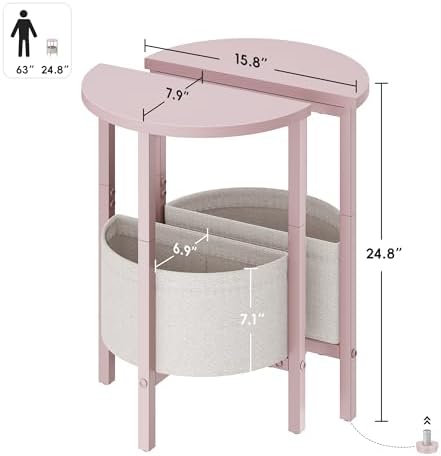 Vagusicc Small Round Side Table, Accent End Table with Storage Basket, Set of 2 Half Round Coffee Table End Table, Half Moon Bedside Table, Modern Nightstand Couch Table for Living Room Bedroom, Pink - Image 3