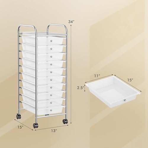 10-Drawer Rolling Storage Cart, Trolley w/Lockable 360° Wheels, 10 Removable PP Drawers, Sturdy Metal Frame, Rolling Utility Cart Perfect for Home, Office, Classroom (Clear) - Image 3