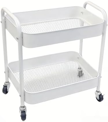 Under Desk Storage Cart 2 Tier Utility Rolling Cart with Wheels, Small Metal Mobile Trolley with Handle Two Tiered Utility Organizer Roller for Kitchen Office Bathroom Pantry Room, White by Ufriandz