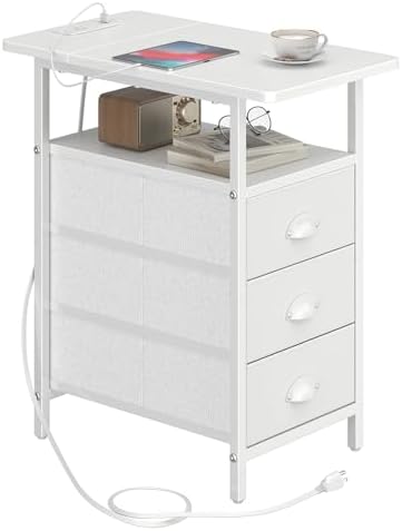 sthmec End Table with Charging Station, Side Tables Livingroom with USB Ports and Outlets,Narrow Nightstands Bedside Tables with 3 Drawers PU Finish for Small Space,Slim Sofa Table Bedroom,White by Unknown