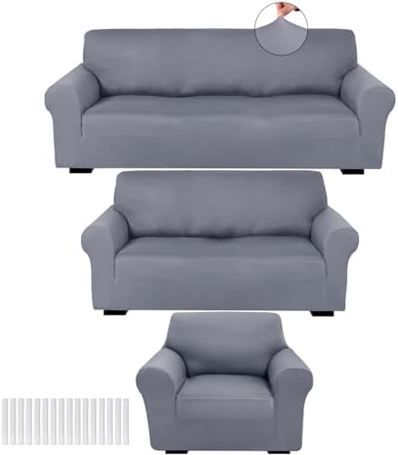 Peryiter 3 Pcs Couch and Loveseat Sofa Covers,Light Gray,Milk Silk by Peryiter