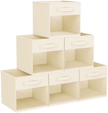 DIMJ Cube Storage Bin, 6 Packs Collapsible Storage Bins with Handles, Fabric Bins for Organization, Cube Storage Organizer Bins for Closet Organization and Storage, Beige by DiMJ