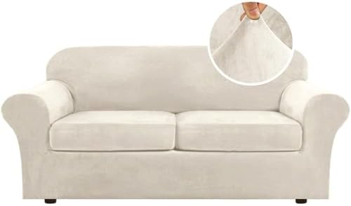 H.VERSAILTEX Real Velvet Plush 3 Piece Stretch Sofa Covers Couch Covers for 2 Cushion Couch Sofa Slipcovers Width Up to 90 Inch Feature Thick Soft Stay in Place (Large Sofa, Ivory) by HVERSAILTEX