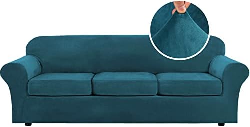 H.VERSAILTEX Velvet 4 Piece High Stretch Sofa Slipcover Cover Furniture Protector Form Fit Luxury Thick Velvet Extra Large Sofa Cover for 3 Cushion Couch Width Up to 105 Inch (XL Sofa, Deep Teal) by HVERSAILTEX