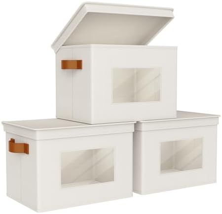 Univivi Fabric Storage Bins with Lids for Clothes 3 Pack, Beige by Univivi