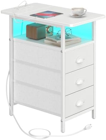 sthmec End Table with Charging Station,LED Side Tables with USB Ports and Outlets,Narrow Nightstands Bedside Tables with 3 Drawers PU Finish for Small Space,Slim Sofa Table for Livingroom,White by Unknown