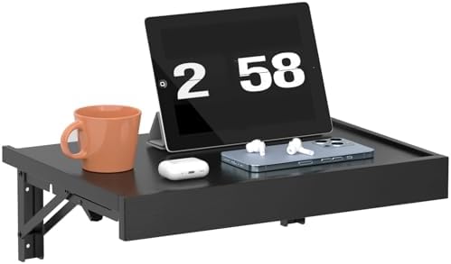 TEAMIX Wall Mounted Folding Bedside Shelf, Black Wood Floating Nightstand Table with Heavy-Duty Brackets, 16.5''x12'' Space Saving Bed Side Tray Storage for Bedroom, Living Room, Dorm (Black, Basic) by TEAMIX