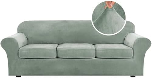 H.VERSAILTEX High Stretch Sofa Slipcover 4 Piece Cover Velvet Furniture Protector Form Fit Thick Velvet Extra Large Sofa Cover for 3 Cushion Couch Width Up to 97 Inch (Large Sofa, Sea Grass) by HVERSAILTEX