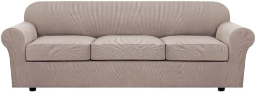H.VERSAILTEX 4 Piece Stretch Sofa Covers for 3 Cushion Couch Covers for Living Room Furniture Slipcovers (Base Cover Plus 3 Seat Cushion Covers) Thicker Jacquard Fabric (Large Sofa, Sand) by HVERSAILTEX
