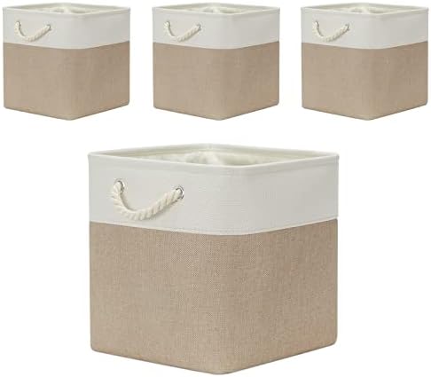 Temary Cube Storage Baskets 4 Pack 13x13 Fabric Cube Storage Bins for Clothes, Large Baskets Boxes with Handles, Canvas Basket for Organizing Towels, Collapsible Storage Bins (White&&Khaki) by TEMARY