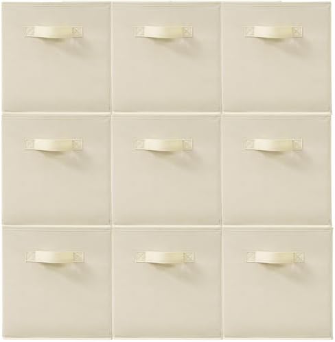 11 Inch Fabric Storage Cubes, Sturdy Foldable Storage Bins, Heavy Duty Cube Organizer for Clothes, Blankets, Shelves, Closets, Bedroom, Living Room, Beige, 9 Pack by Unknown