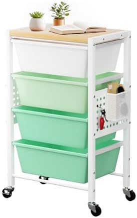 Rolling Cart with 4 Drawers, Plastic Drawer Storage Carts with Wheels & Wooden Tabletop, Metal Utility Cart with Pegboards, Office Living Room Classroom Craft Organization and Storage, Bright Green by TimeForest