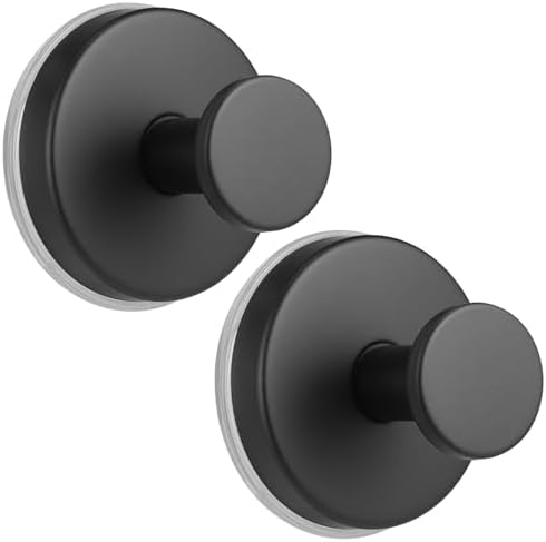 Large Suction Cup Hooks, Heavy Duty 15lb Holds Towel & Robe, No-Drill Shower Bathroom Hooks for Tile Wall Glass Mirror, Mounts on Smooth Non-Porous Surfaces (2 Pack, Matte Black) by Fenas