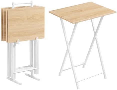 HOOBRO Folding TV Tray Tables, Set of 4 TV Trays with Storage Rack, Industrial Side Table for Eating at Couch, Foldable Snack Table for Small Space, Easy Assembly, Natural and White, WN50BZ01 by HOOBRO