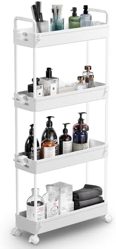 SOLEJAZZ Slim Rolling Storage Cart Skinny Bathroom Organizer, 4 Tier, White by SOLEJAZZ