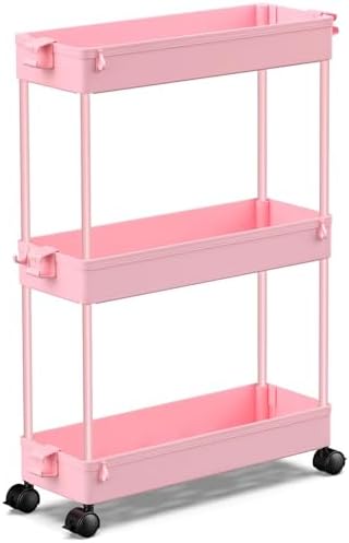 SPACEKEEPER Slim Rolling Storage Cart, 3 Tier Bathroom Cart Organizer, Pink by SPACEKEEPER