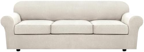 H.VERSAILTEX 4 Piece Stretch Sofa Covers for 3 Cushion Couch Covers for Living Room Furniture Slipcovers (Base Cover Plus 3 Seat Cushion Covers) Thicker Jacquard Fabric (Large Sofa, Ivory) by HVERSAILTEX