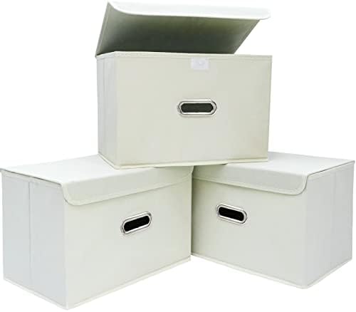 Linen Fabric Foldable Collapsible Storage Cube Bin Organizer Basket Fabric Storage Bins with Lid, Leather Handles, Removable Divider for Home, Closet, Creamy-White by SEVENDOME