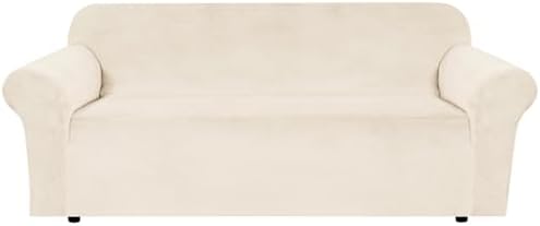 H.VERSAILTEX Stretch Velvet Sofa Covers for 3 Cushion Couch Covers Protector Soft with Non Slip Elastic Bottom, Crafted from Thick Comfy Rich Velour (Large Sofa 90"-97", Cream) by HVERSAILTEX