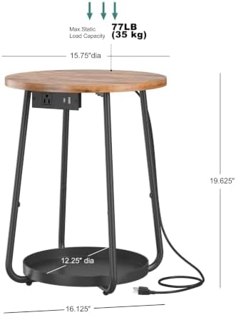 sthmec Small Round Side End Table with Storage and Charging Station, 2 Tier Round Bedside Sofa Couch Coffee Tables with Tray, Metal Nightstand for Small Spaces, Living Room Bedroom, Rustic Brown - Image 3