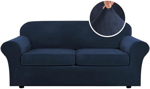 H.VERSAILTEX Real Velvet Plush 3 Piece Stretch Sofa Covers Couch Covers for 2 Cushion Couch Sofa Slipcovers Width Up to 90 Inch Feature Thick Soft Stay in Place (Large Sofa, Navy) by HVERSAILTEX