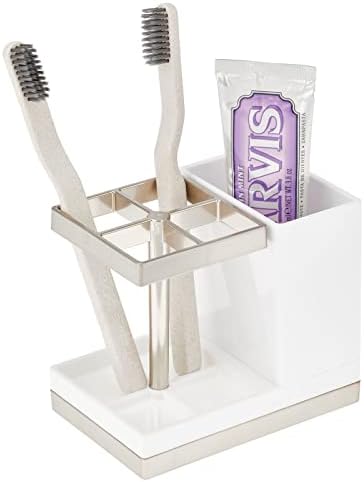 mDesign Plastic Toothbrush and Toothpaste Storage Organizer Holder - Home Decor for Bathroom Countertop - Holds Toiletries and Beauty Accessories - Lumiere Collection - White/Brushed by mDesign
