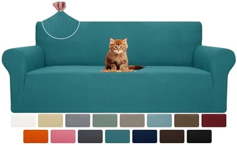 MAXIJIN Super Stretch Couch Cover for 3 Cushion Couch, 1-Piece Universal Sofa Covers Living Room Jacquard Spandex Furniture Protector Dogs Pet Friendly Fitted (Large, Peacock Teal) by MAXIJIN