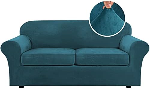 H.VERSAILTEX Real Velvet Plush 3 Piece Stretch Sofa Covers Couch Covers for 2 Cushion Couch Sofa Slipcovers Width Up to 90 Inch Feature Thick Soft Stay in Place (Large Sofa, Deep Teal) by HVERSAILTEX
