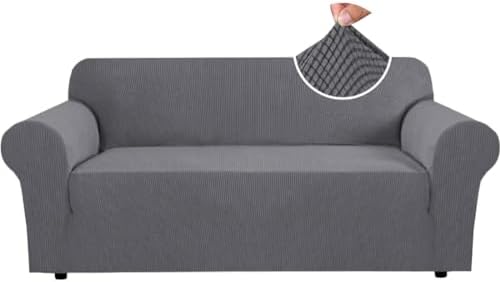 H.VERSAILTEX Stretch Sofa Covers for 3 Cushion Couch Covers Sofa Slipcovers for Living Room Feature Thick Checked Jacquard Fabric with Elastic Bottom, Sofa Large - Grey by HVERSAILTEX