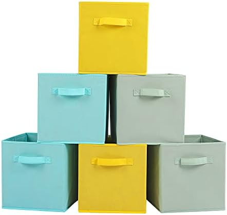 Stero Fabric Storage Bins 6 Pack Fun Colored Durable Storage Cubes with Handles Foldable Cube Baskets for Home, Kids Room, Closet and Toys Organization Cyan, Green, Yellow by Stero