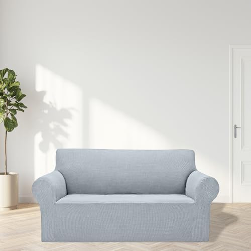 Cupuamon 2026 New Stretch Loveseat Sofa Slipcovers Couch Cover for 2 Cushion Furniture Protector Sofa Covers with Elastic Bottom Jacquard Fabric Small Checks for Pets, Kids - Silver - Image 3