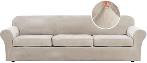 H.VERSAILTEX Modern Velvet Plush 4 Piece High Stretch Sofa Slipcover Furniture Protector Form Fit Velvet Extra Large Sofa Cover for 3 Cushion Couch Width Up to 105 Inch (XL Sofa, French Oak) by HVERSAILTEX