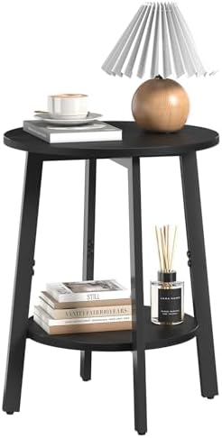 sthmec Side Table, Small Round End Table with Storage Shelf for Small Space, 2-Tier Black Bedside Table Sofa Couch Table, Round Accent Table Nighstands for Living Room, Bedroom, Black by Unknown