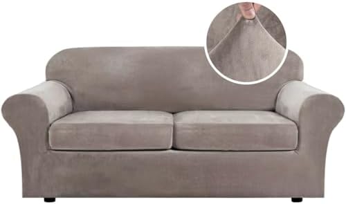 H.VERSAILTEX Real Velvet Plush 3 Piece Stretch Sofa Covers Couch Covers for 2 Cushion Couch Sofa Slipcovers Width Up to 90 Inch Feature Thick Soft Stay in Place (Large Sofa, Taupe) by HVERSAILTEX